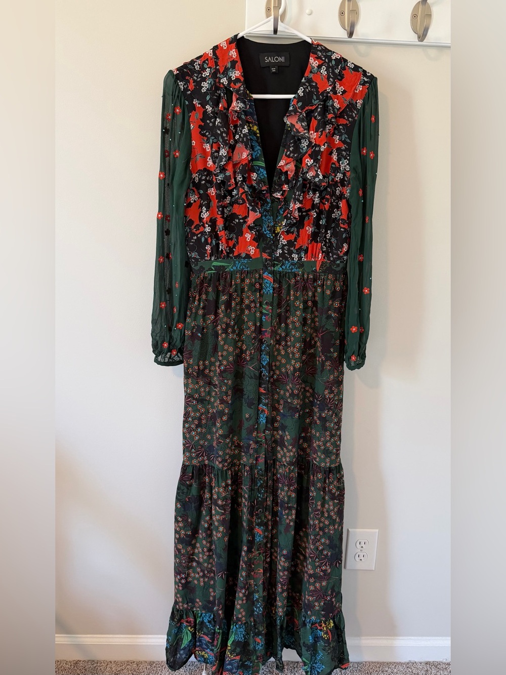 Saloni Silk Floral Tiered Maxi Button Dress Dark Green US Size 6 Chiffon Sleeves